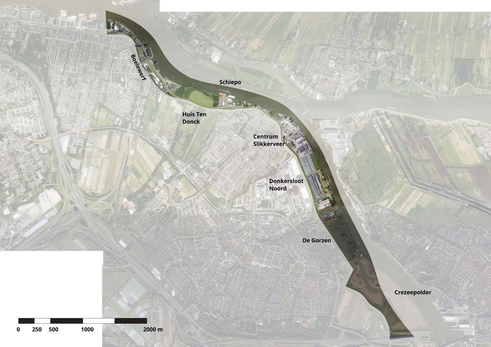 De afbeelding weergeeft het plangebied. Aan de noordzijde loopt de grens van het plangebied over de Boelwerf. Richting het zuiden ligt de grens op de Ringdijk overgaand in de Benedenrijweg. De grens loopt pver de Benedenrijweg langs het Donckse bos en gaat bij Slikkerveer weer over in de Ringdijk. Ter hoogte van de Sionskerk (Donkersloot-Noord) loopt de plangrens verder zuidelijk over de Donkerslootdijk. Bij de Jachthaven St. Joris Riudderkerk loopt de plangrens richting het zuiden verder over de oostgrens van het bos de Gorzen. Verder naar het zuiden ligt de grens over de Nieuwe Veer richting het oosten overgaand in de Oostmolendijk, doorlopend tot aan de A15, zodat de gehele Crezéepolder binnen het plangebied valt.